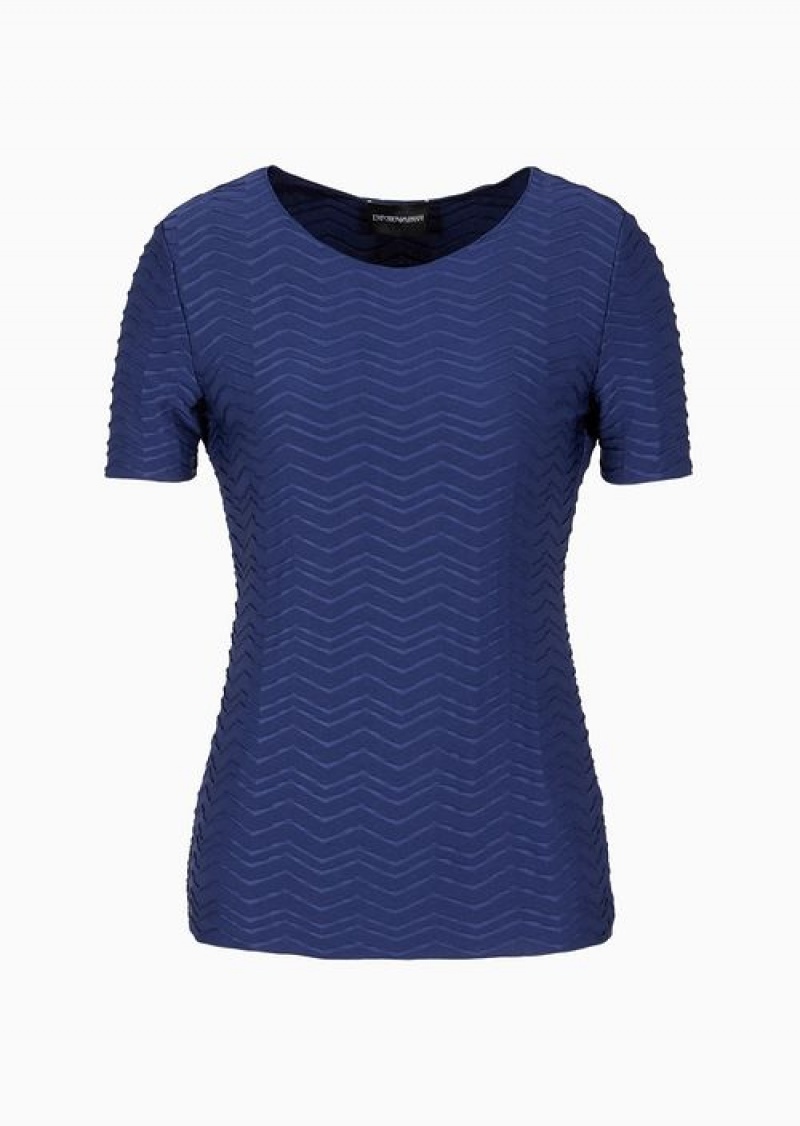 Blue Emporio Armani Short-sleeved Jersey Jumper With Embossed Waves Motif | EA-SN57023