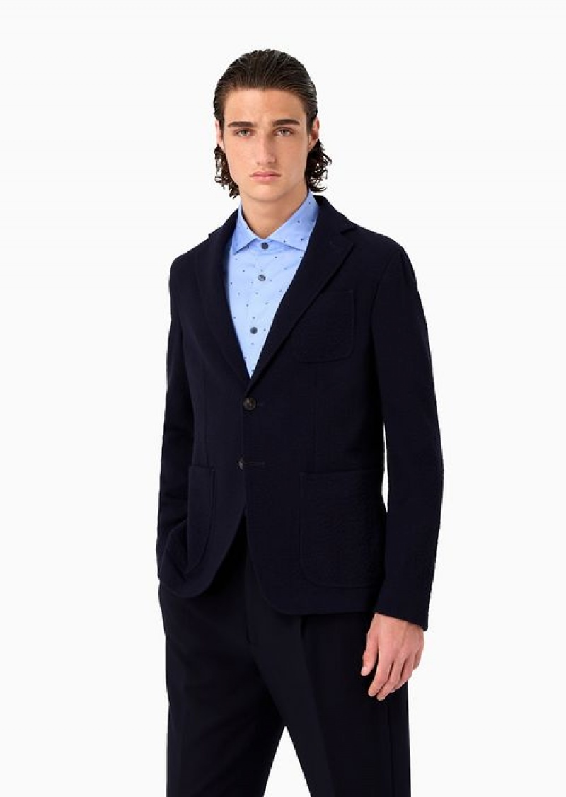 Blue Emporio Armani Single-breasted Jacket In Stretch Virgin-wool Seersucker | EA-SN57782