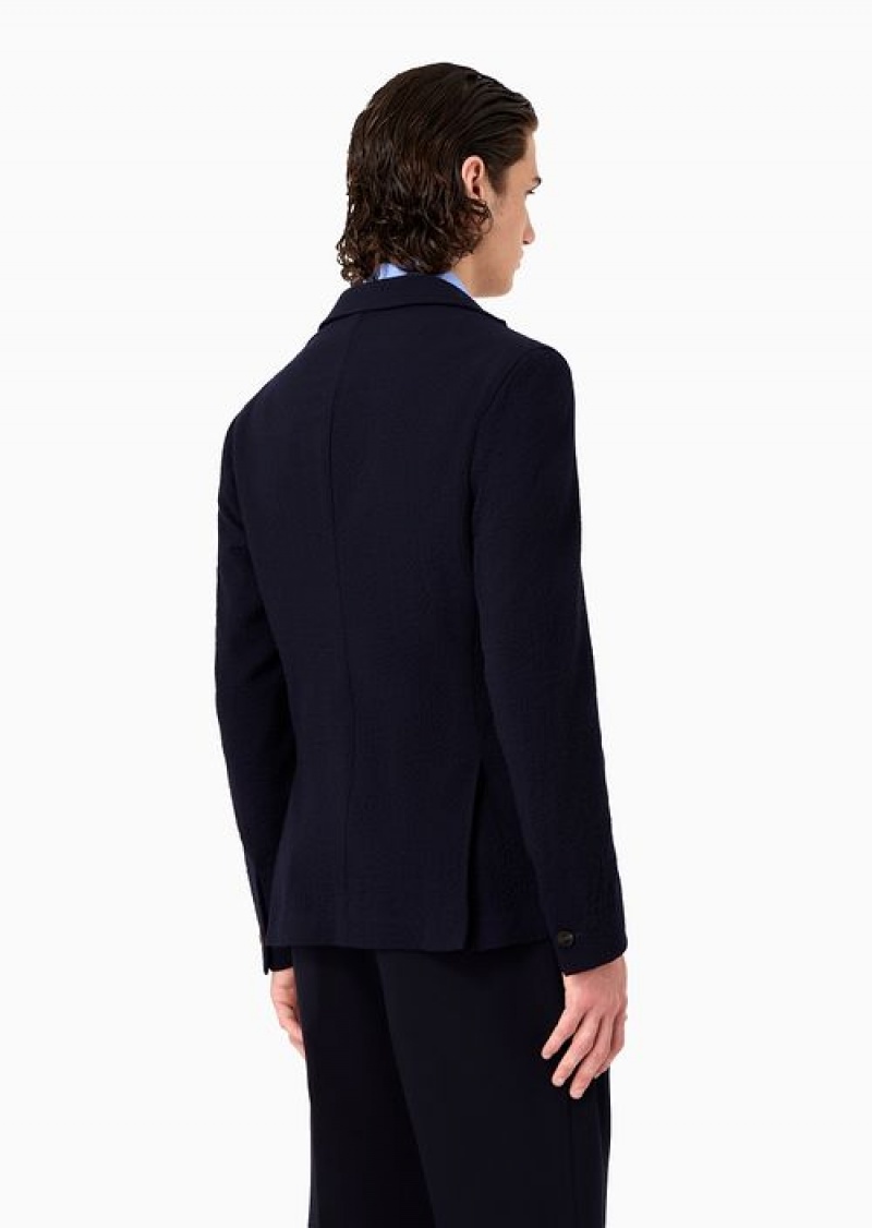 Blue Emporio Armani Single-breasted Jacket In Stretch Virgin-wool Seersucker | EA-SN57782