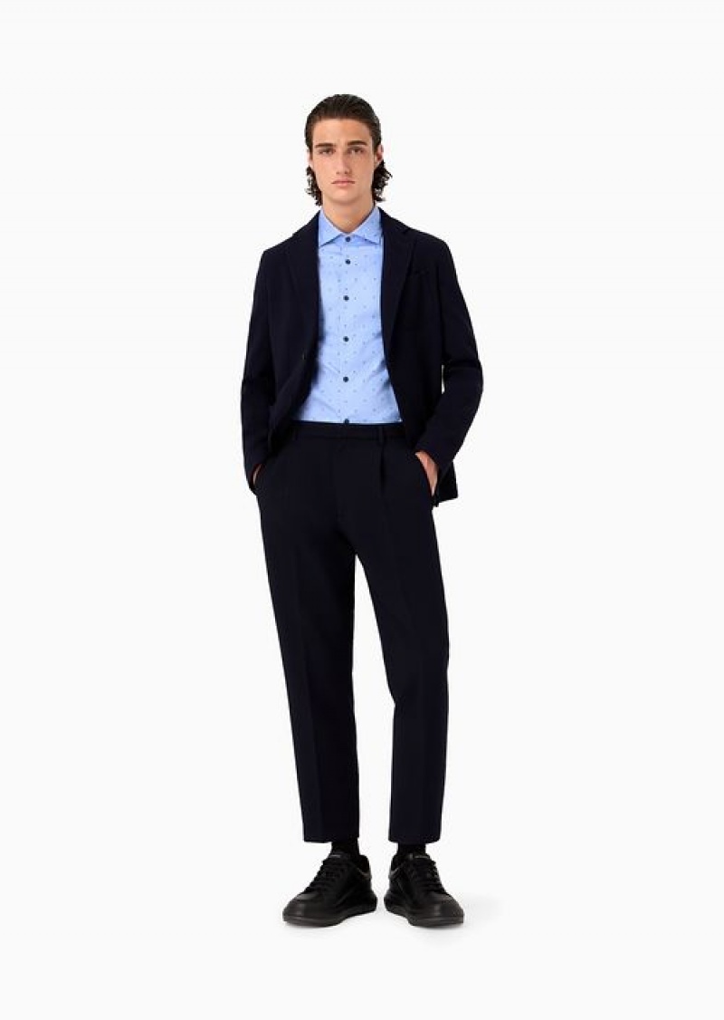 Blue Emporio Armani Single-breasted Jacket In Stretch Virgin-wool Seersucker | EA-SN57782