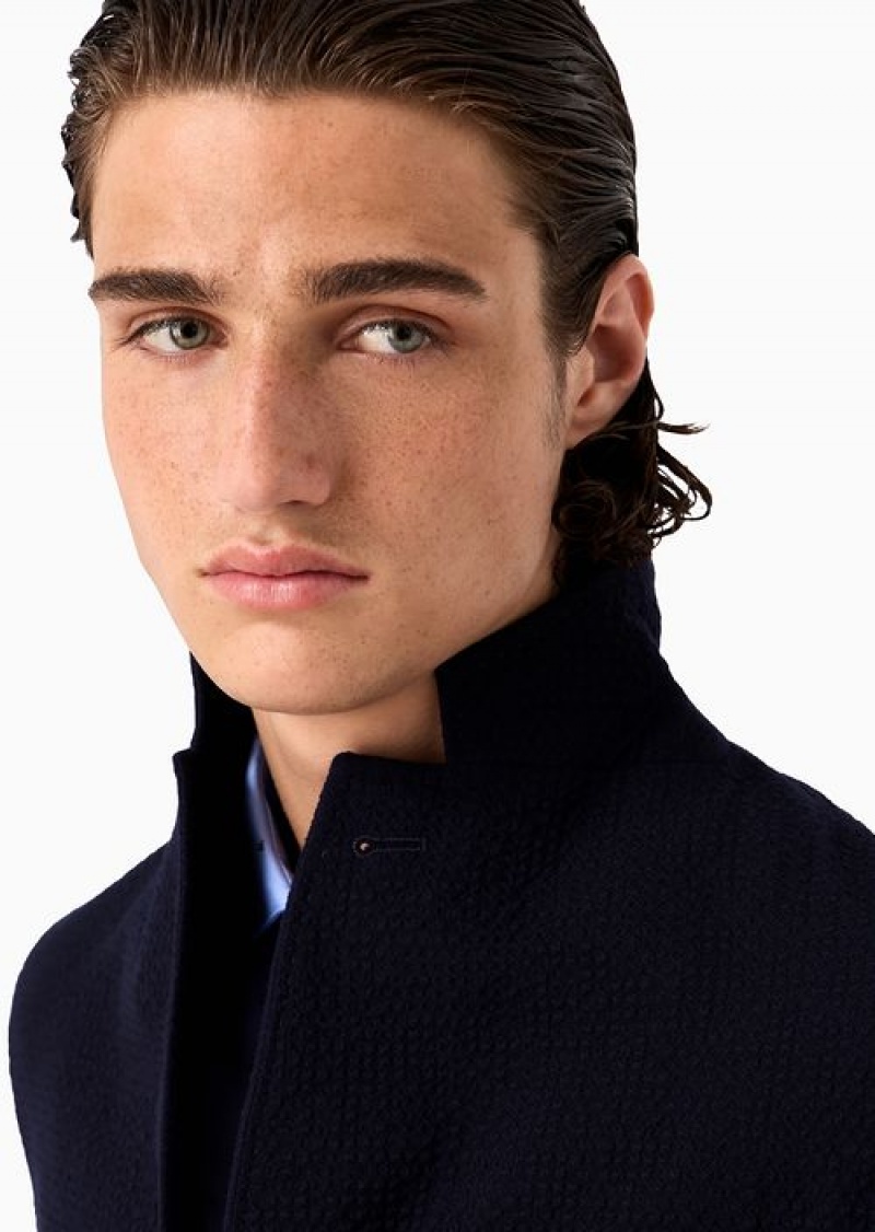 Blue Emporio Armani Single-breasted Jacket In Stretch Virgin-wool Seersucker | EA-SN57782