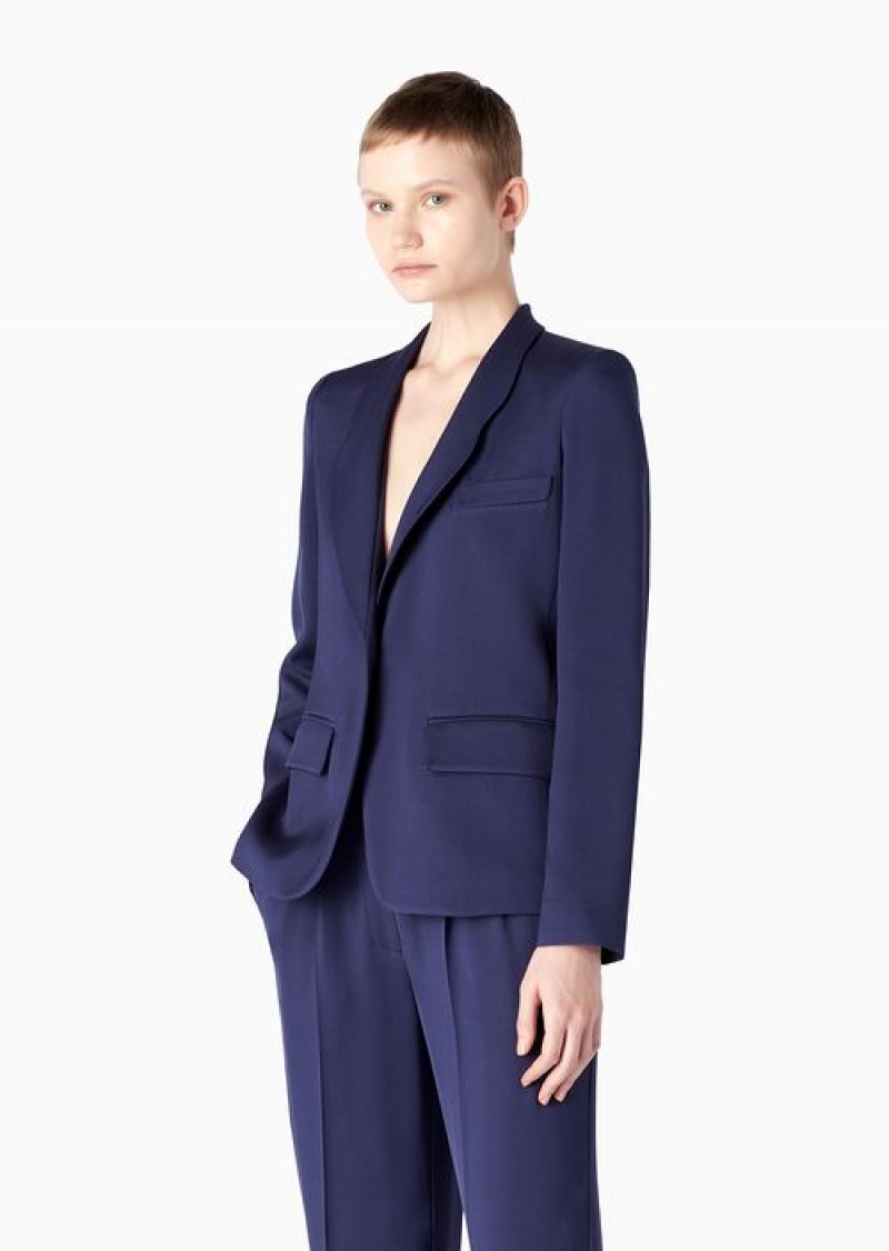 Blue Emporio Armani Single-breasted Jacket With Rounded Lapels In Twill Fabric | EA-SN56427