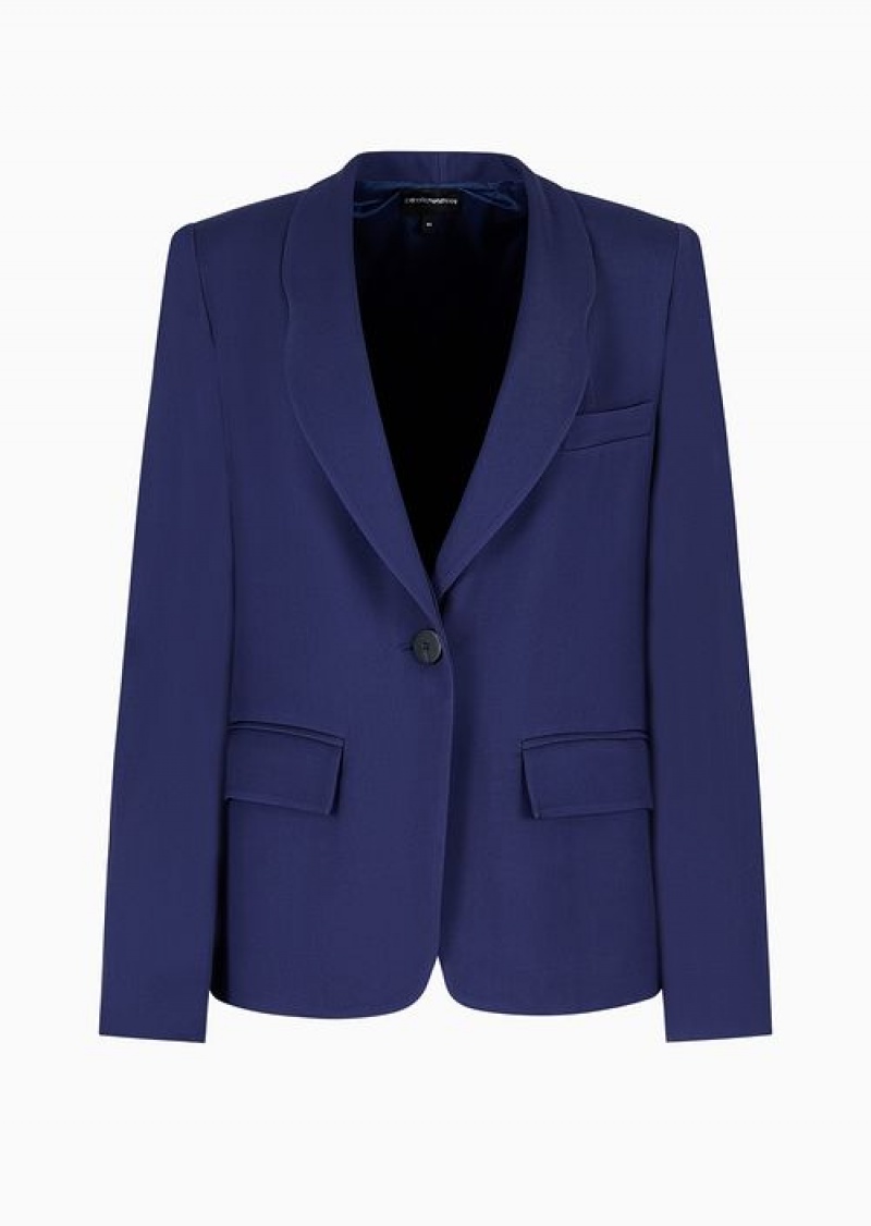 Blue Emporio Armani Single-breasted Jacket With Rounded Lapels In Twill Fabric | EA-SN56427