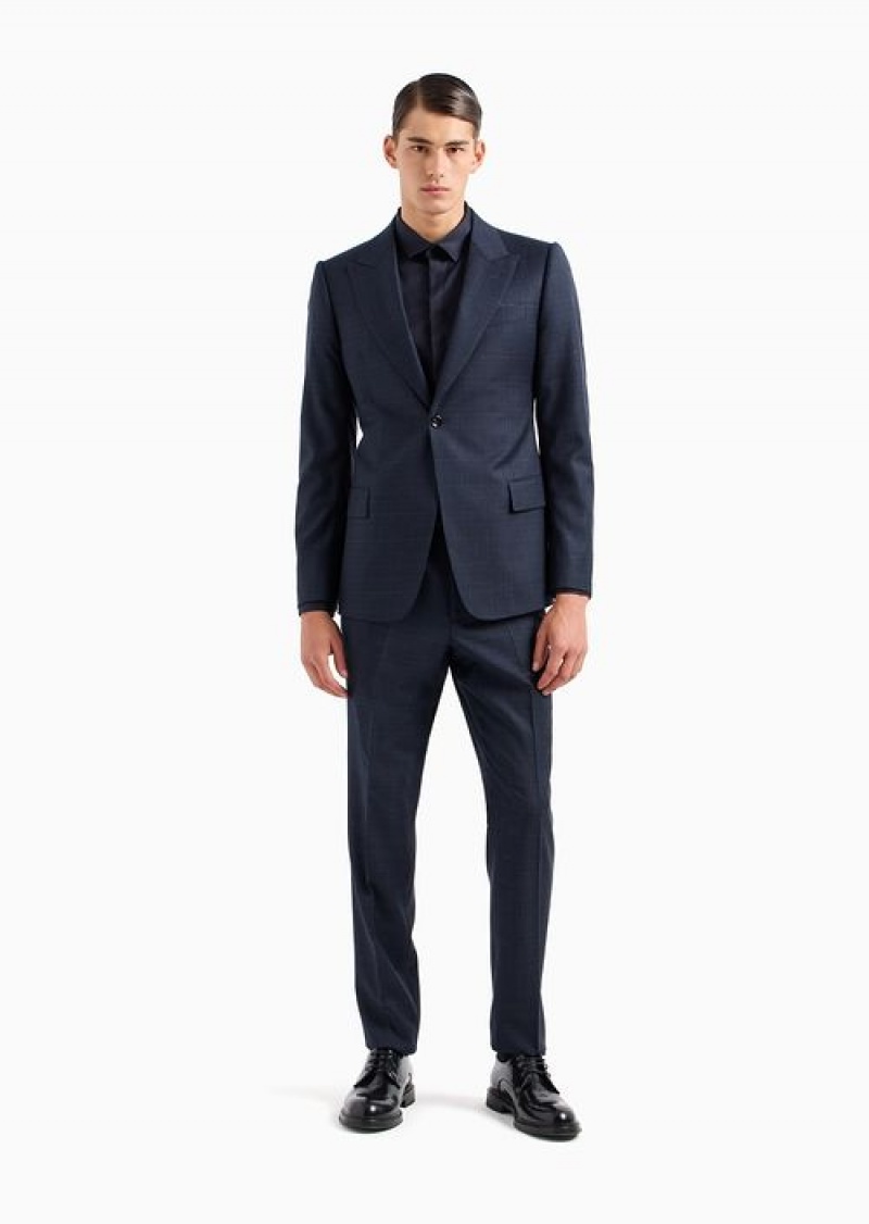 Blue Emporio Armani Slim-fit Single-breasted Suit In Mouliné Virgin Wool On A Sanded Fabric Background | EA-SN58476