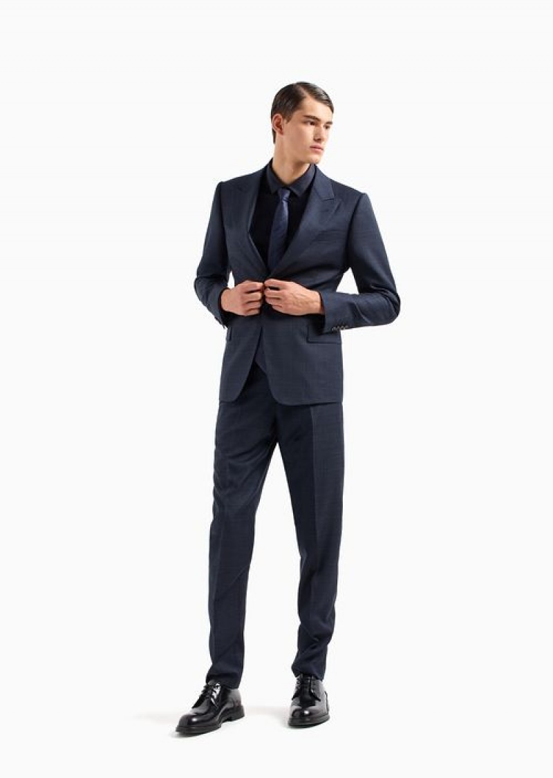 Blue Emporio Armani Slim-fit Single-breasted Suit In Mouliné Virgin Wool On A Sanded Fabric Background | EA-SN58476