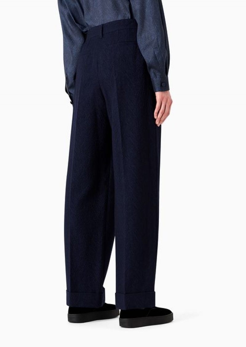 Blue Emporio Armani Soho Capsule Collection Pleated And Cuffed Pants In A Virgin Wool Blend With Chevron Motif | EA-SN56802