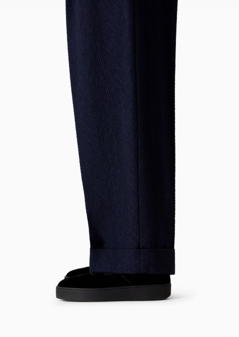 Blue Emporio Armani Soho Capsule Collection Pleated And Cuffed Pants In A Virgin Wool Blend With Chevron Motif | EA-SN56802