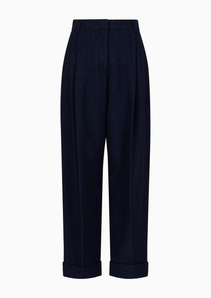 Blue Emporio Armani Soho Capsule Collection Pleated And Cuffed Pants In A Virgin Wool Blend With Chevron Motif | EA-SN56802