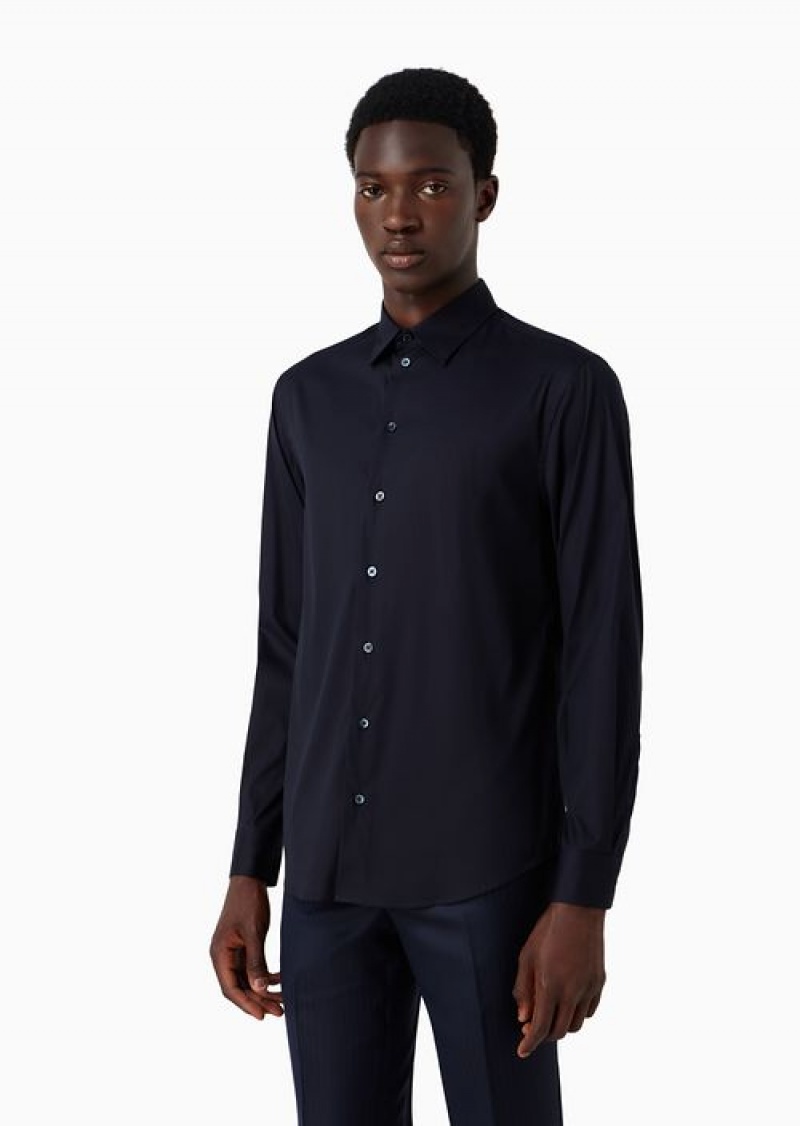 Blue Emporio Armani Stretch Cotton Satin Shirt With Classic Collar | EA-SN57918