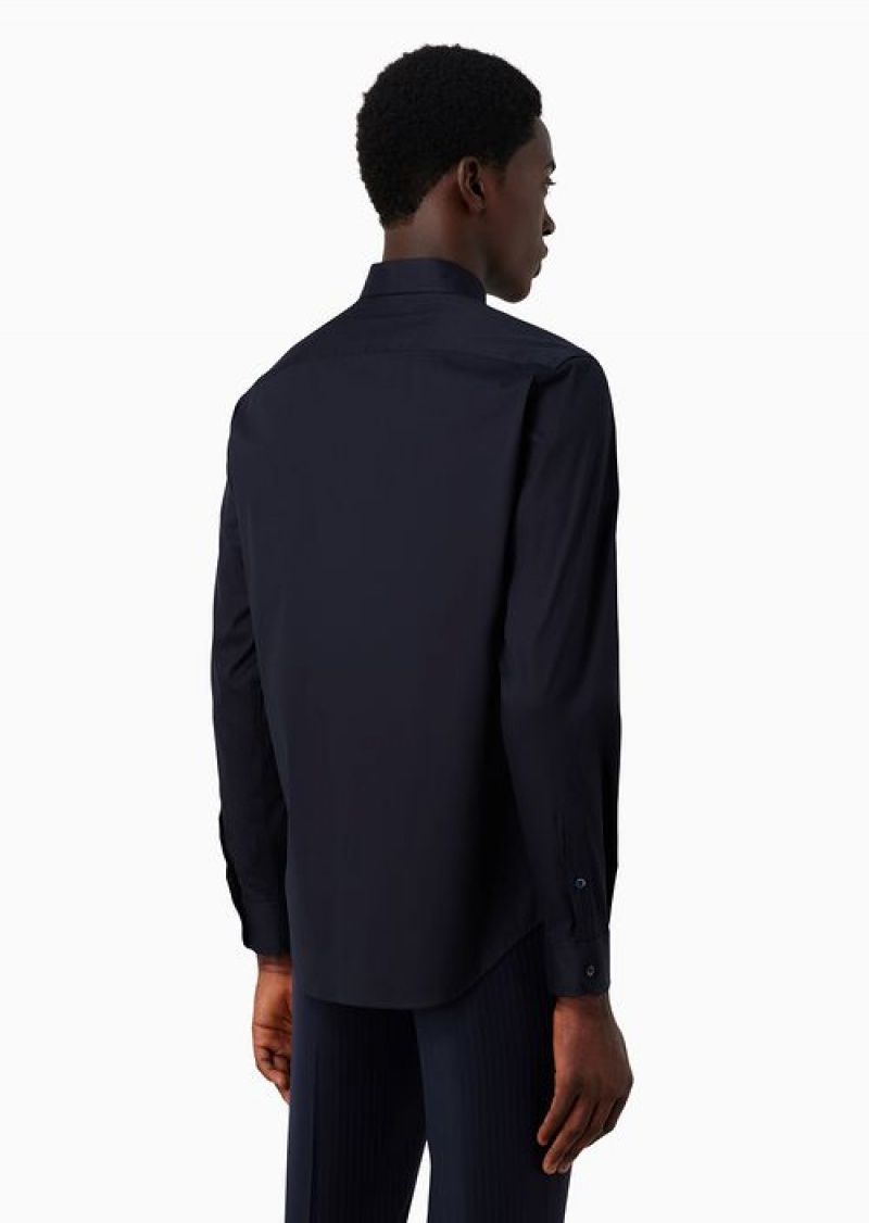 Blue Emporio Armani Stretch Cotton Satin Shirt With Classic Collar | EA-SN57918