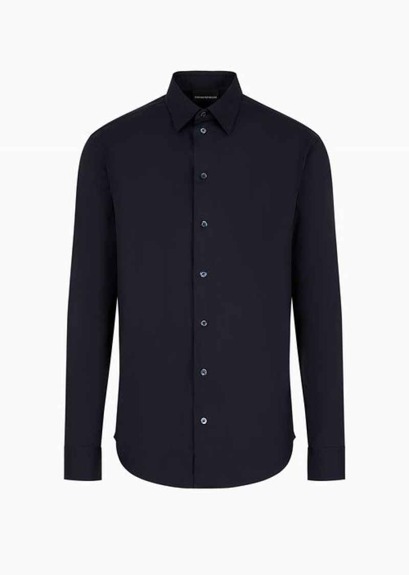 Blue Emporio Armani Stretch Cotton Satin Shirt With Classic Collar | EA-SN57918