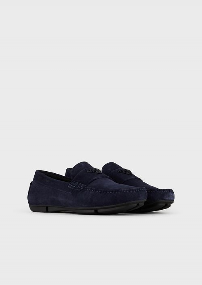 Blue Emporio Armani Suede Driving Loafers With Logo | EA-SN58872