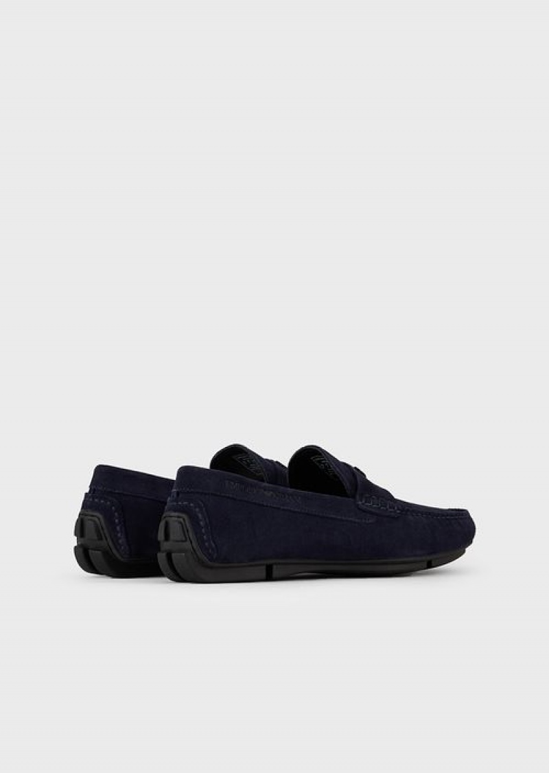 Blue Emporio Armani Suede Driving Loafers With Logo | EA-SN58872