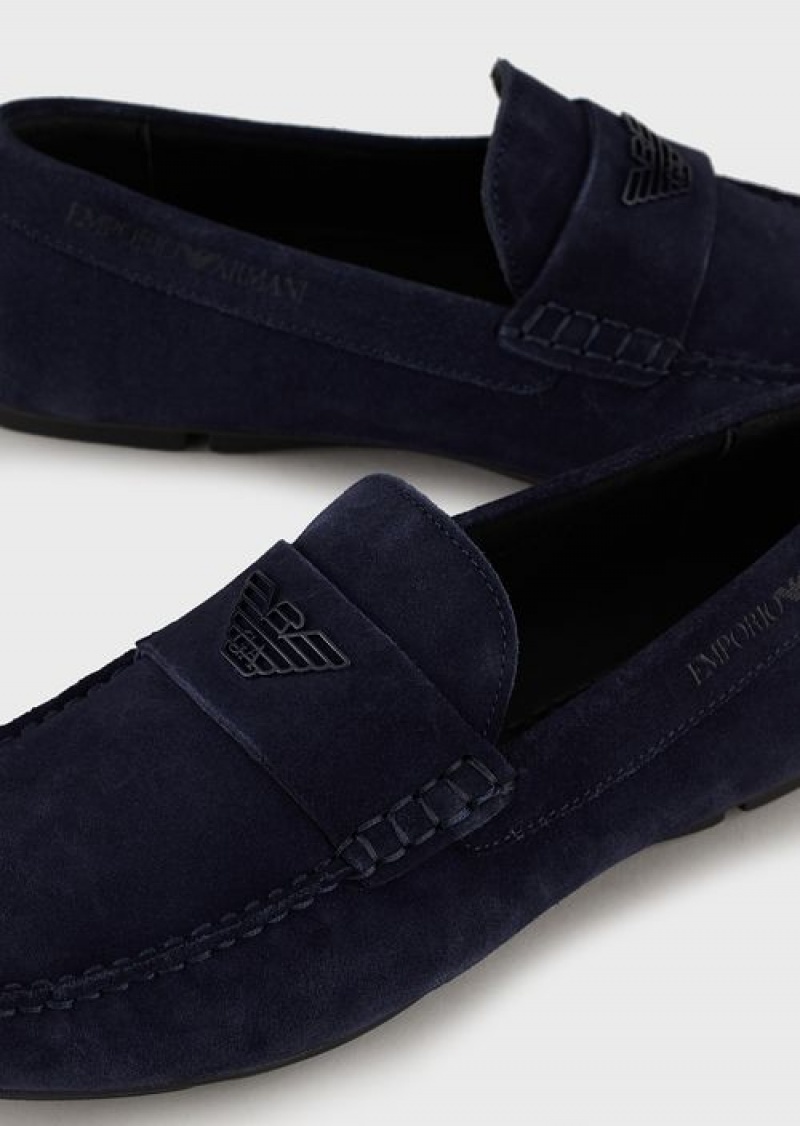 Blue Emporio Armani Suede Driving Loafers With Logo | EA-SN58872