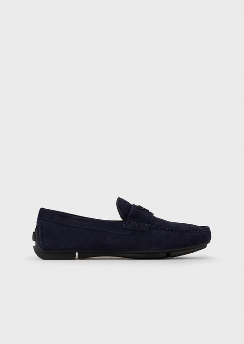 Blue Emporio Armani Suede Driving Loafers With Logo | EA-SN58872