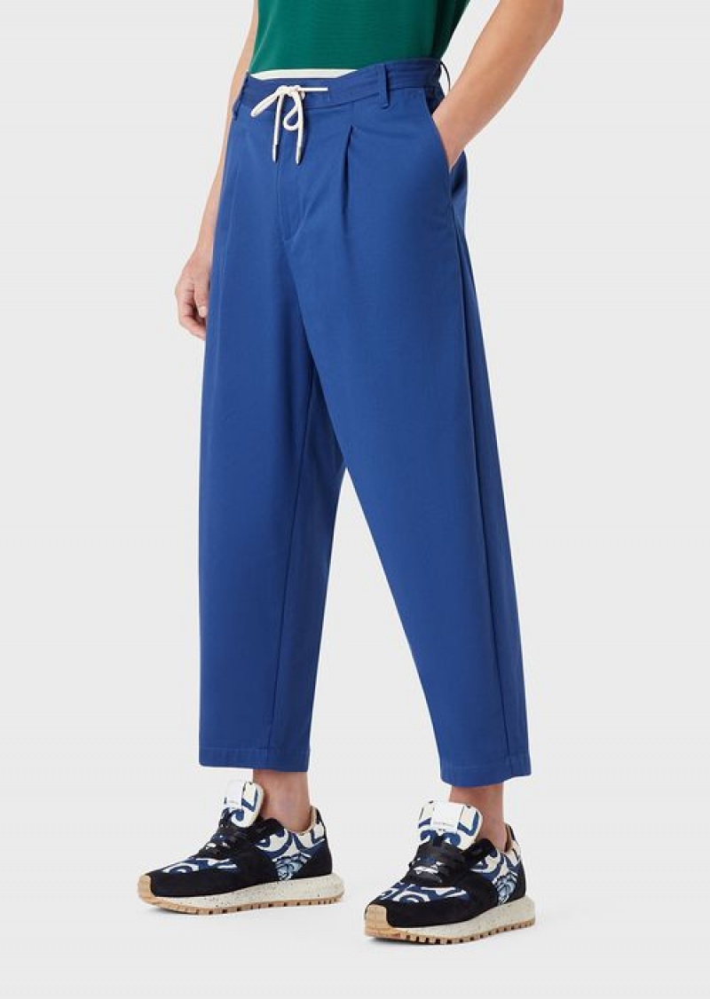 Blue Emporio Armani Sustainable Collection Organic-twill 7/8 Trousers With Darts And Drawstring | EA-SN58359