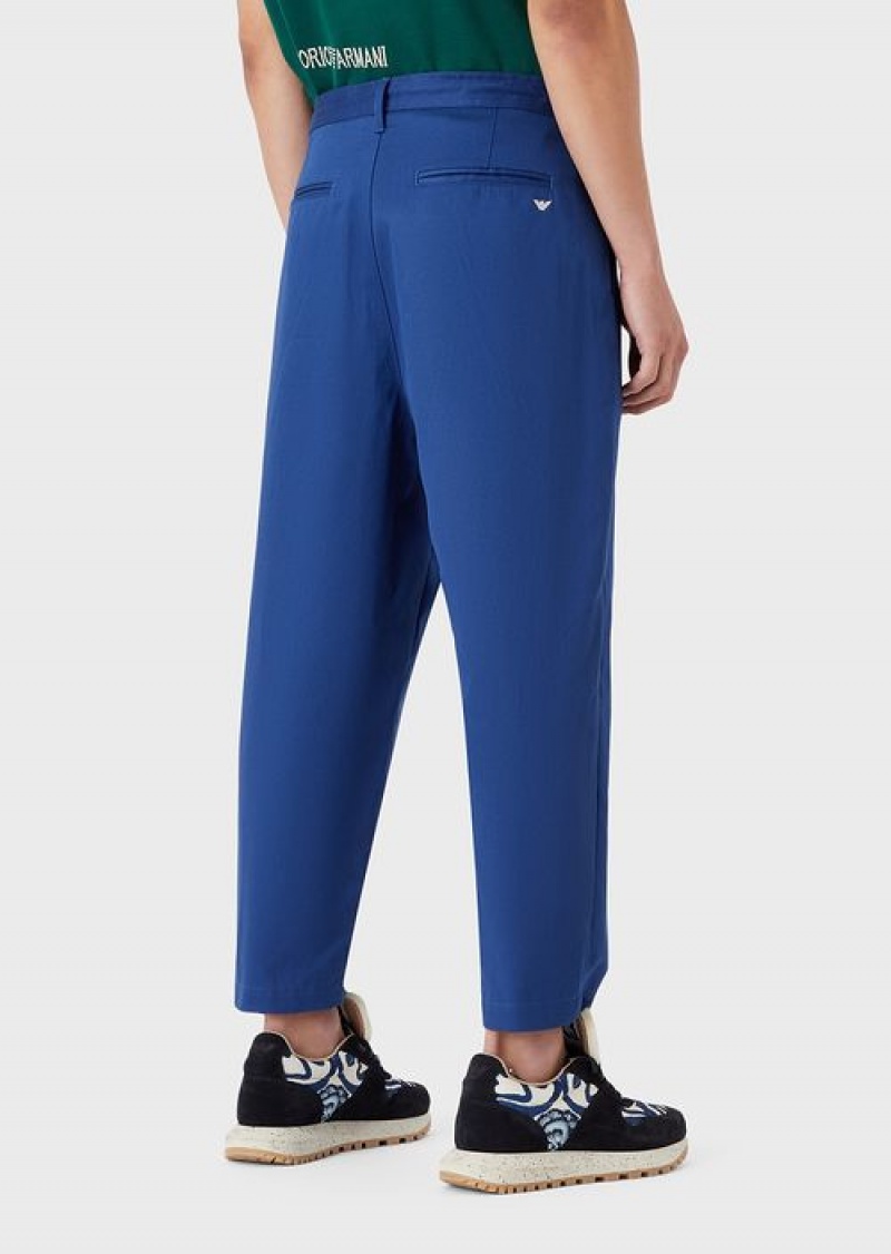 Blue Emporio Armani Sustainable Collection Organic-twill 7/8 Trousers With Darts And Drawstring | EA-SN58359