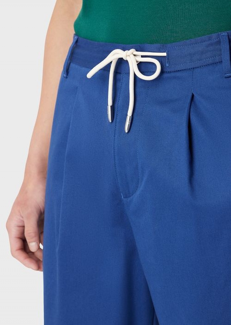 Blue Emporio Armani Sustainable Collection Organic-twill 7/8 Trousers With Darts And Drawstring | EA-SN58359