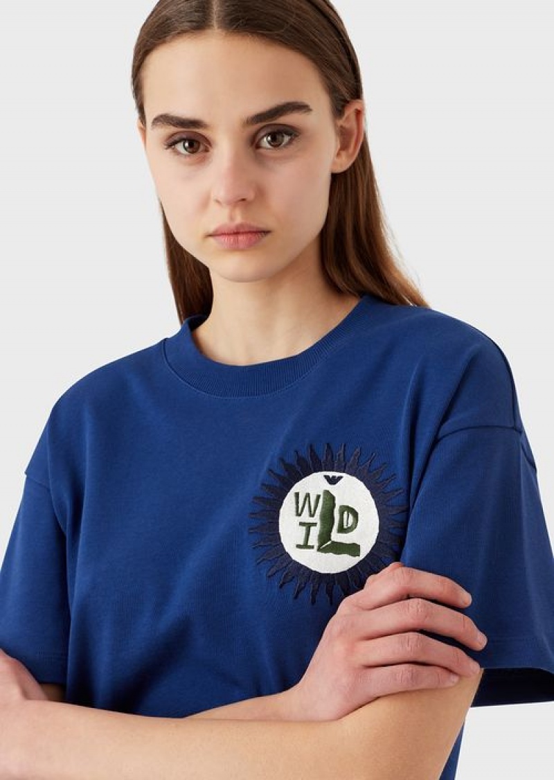 Blue Emporio Armani Sustainable Collection Organic American Jersey T-shirt With Patch | EA-SN57057