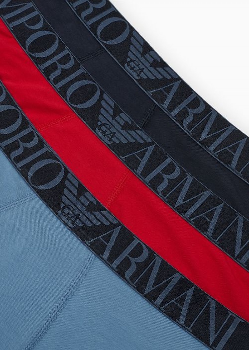 Blue Emporio Armani Three-pack Of Asv Shiny Logo Waistband Organic-cotton Boxer Briefs | EA-SN58776