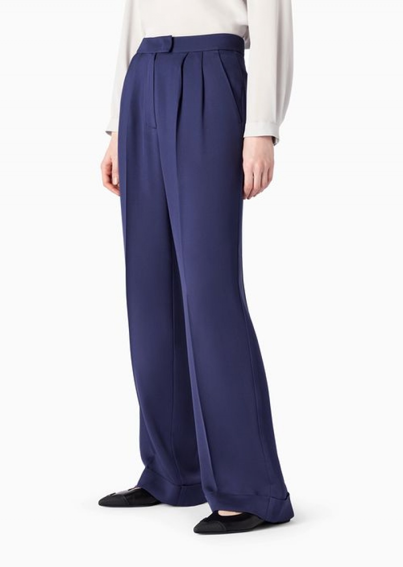 Blue Emporio Armani Twill Palazzo Trousers With Darts | EA-SN56831