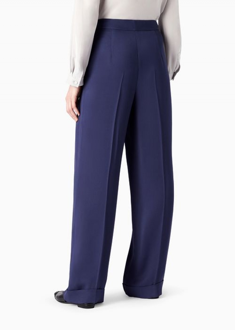 Blue Emporio Armani Twill Palazzo Trousers With Darts | EA-SN56831