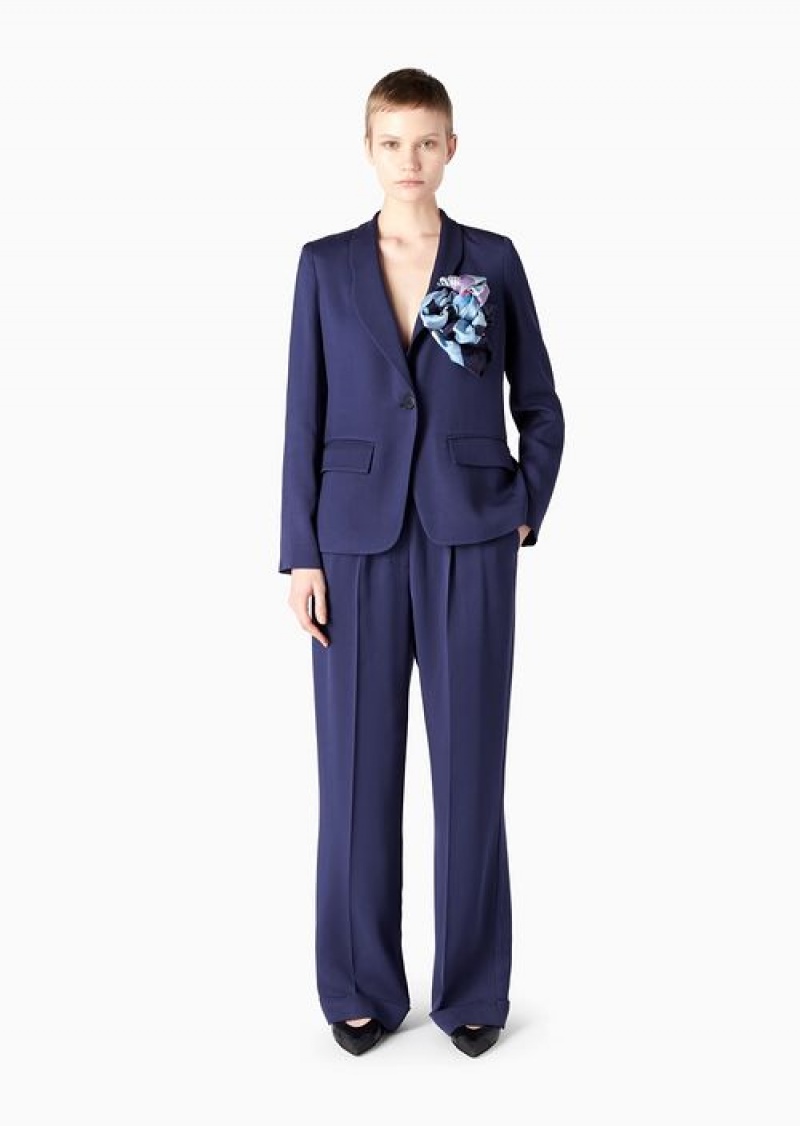 Blue Emporio Armani Twill Palazzo Trousers With Darts | EA-SN56831