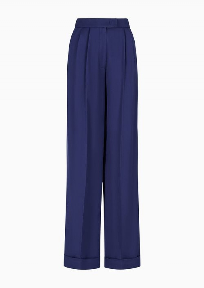 Blue Emporio Armani Twill Palazzo Trousers With Darts | EA-SN56831