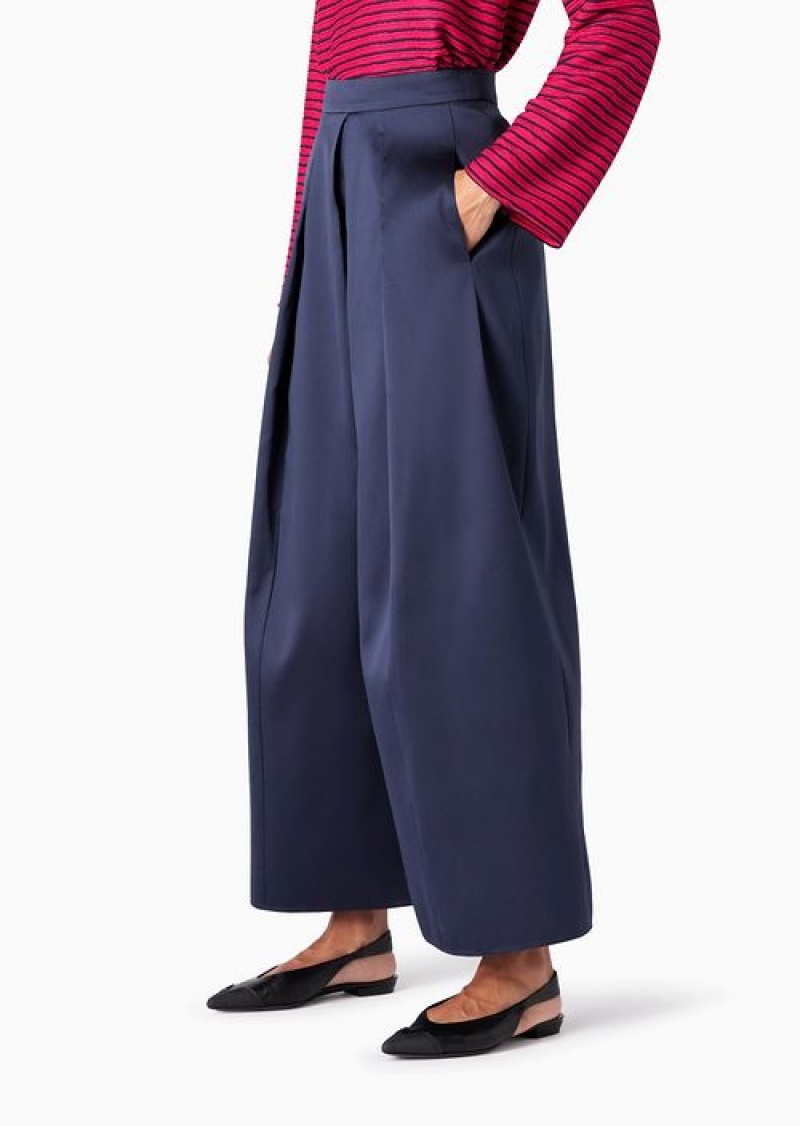 Blue Emporio Armani Wide Trousers With Godet Pleat In Mikado Fabric | EA-SN56830