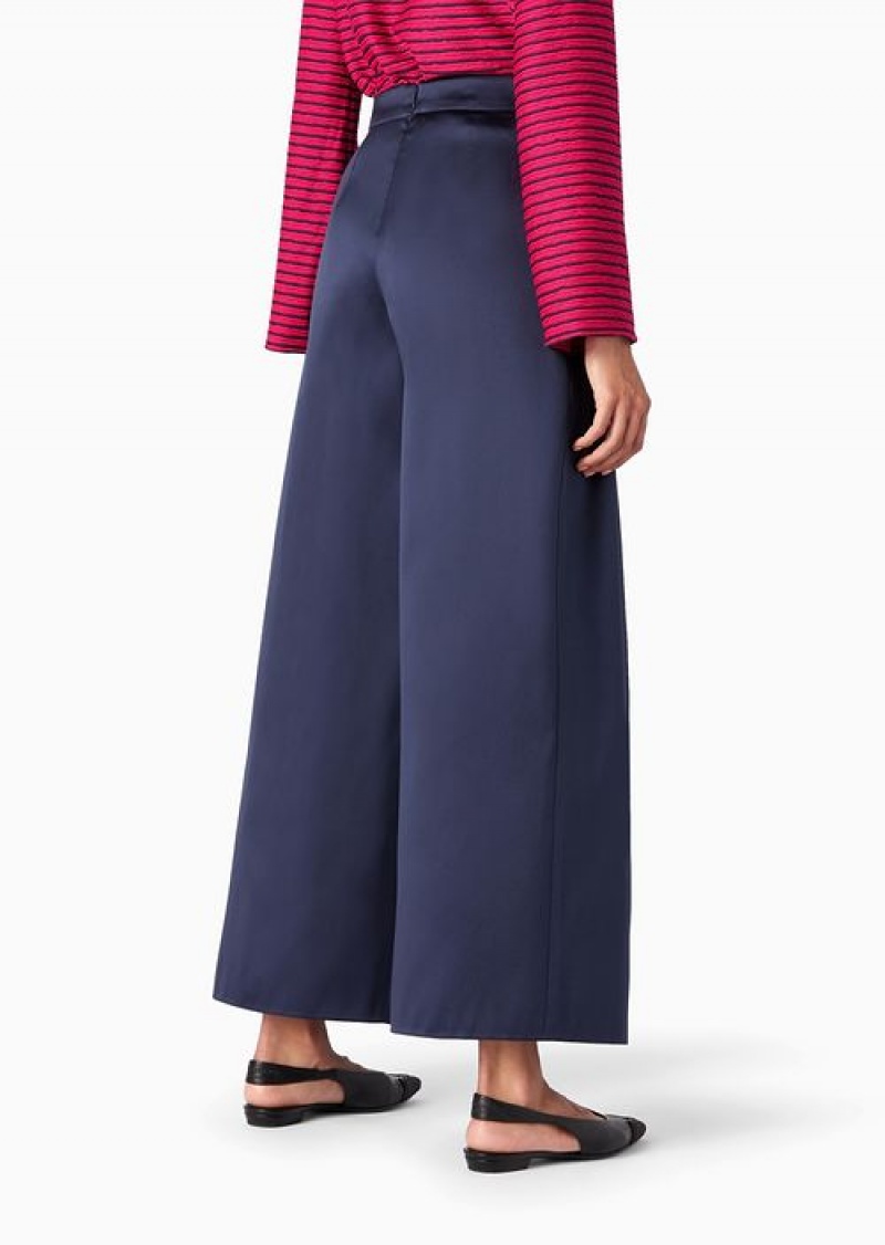 Blue Emporio Armani Wide Trousers With Godet Pleat In Mikado Fabric | EA-SN56830