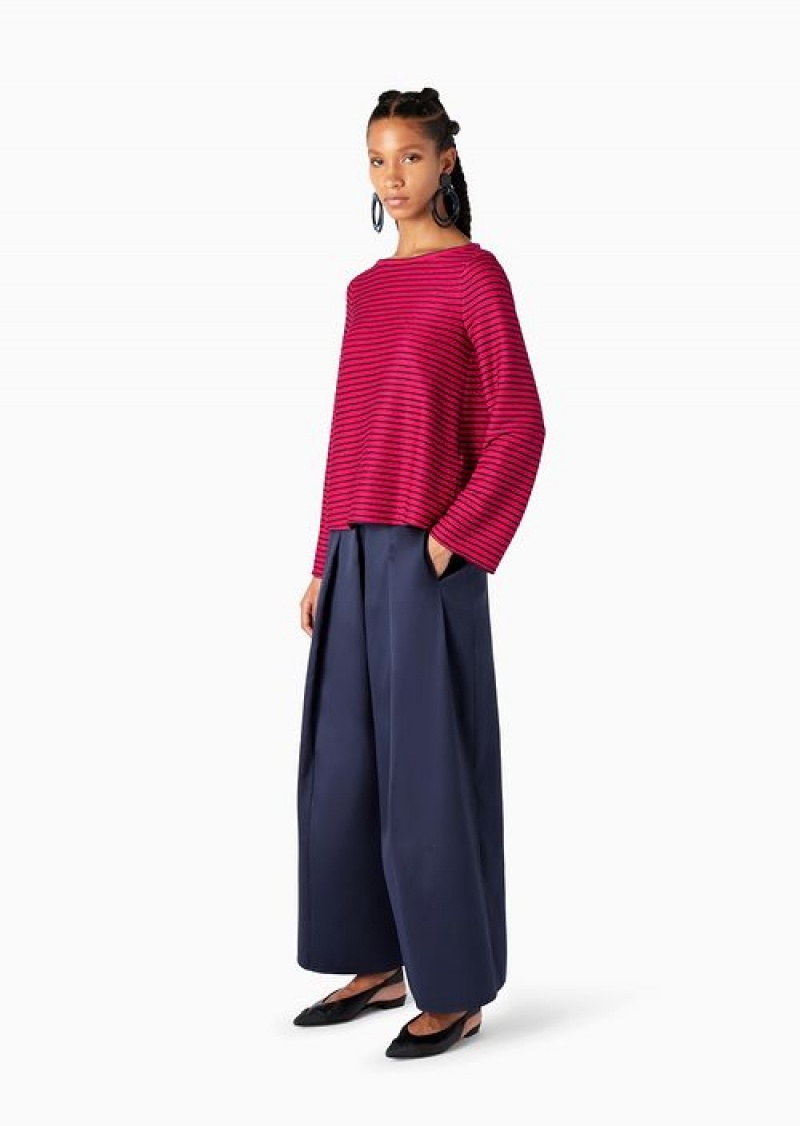 Blue Emporio Armani Wide Trousers With Godet Pleat In Mikado Fabric | EA-SN56830