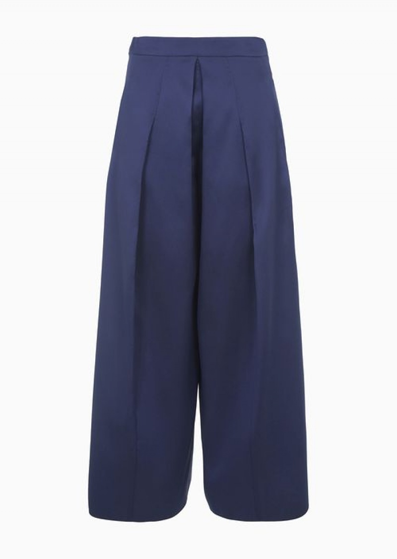 Blue Emporio Armani Wide Trousers With Godet Pleat In Mikado Fabric | EA-SN56830