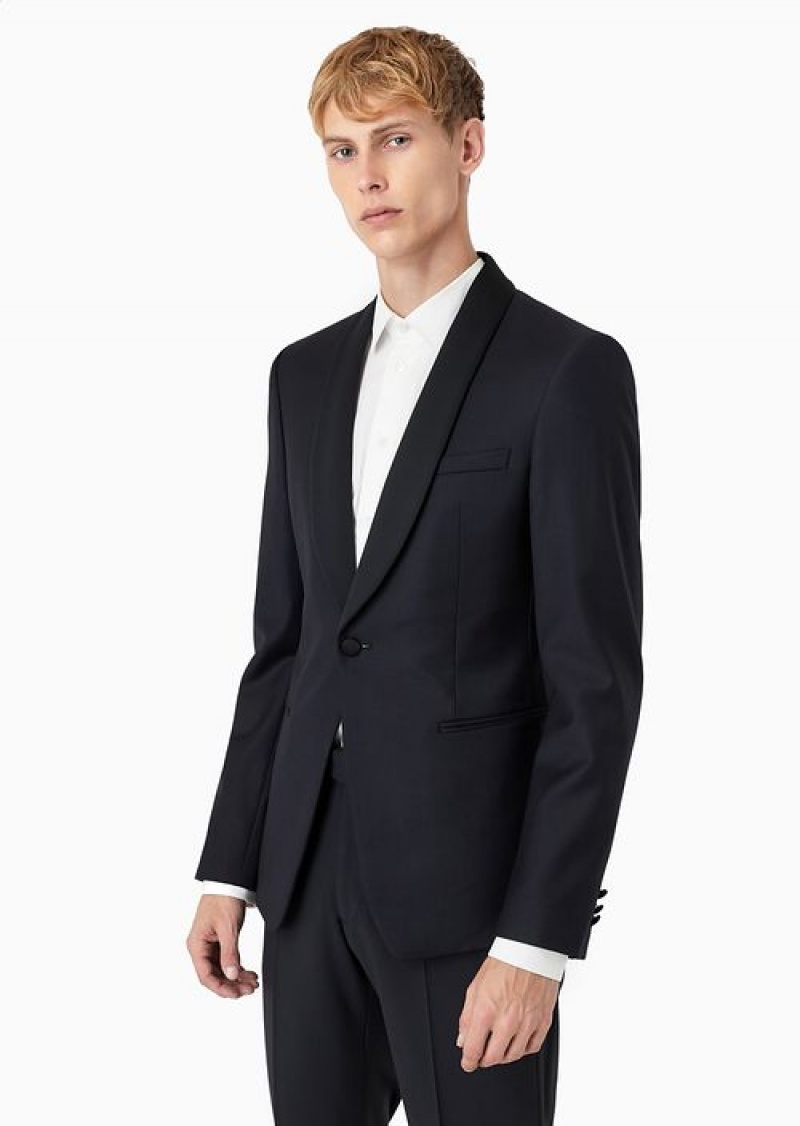 Blue Emporio Armani Worsted Virgin Wool Jacket With Satin Shawl Lapels | EA-SN57826