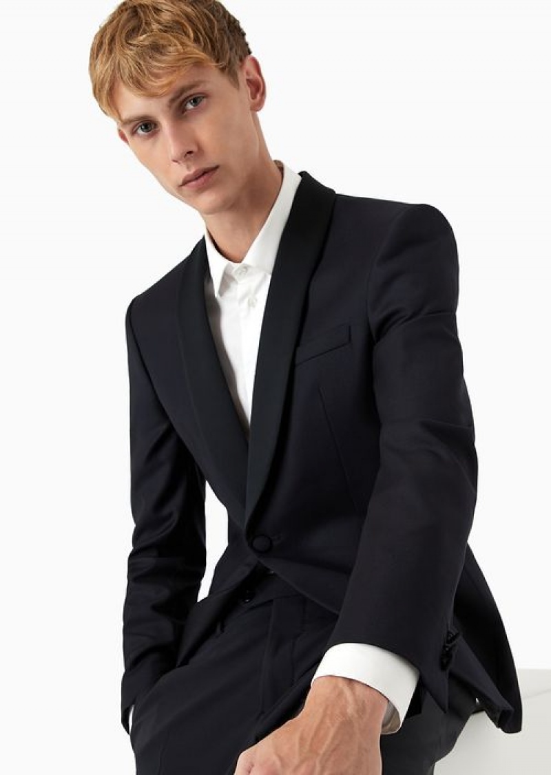 Blue Emporio Armani Worsted Virgin Wool Jacket With Satin Shawl Lapels | EA-SN57826