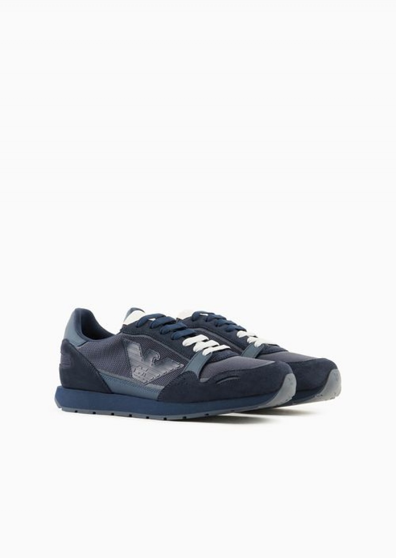 Blue Logo Emporio Armani Mesh Sneakers With Suede Details And Eagle Patch | EA-SN58928