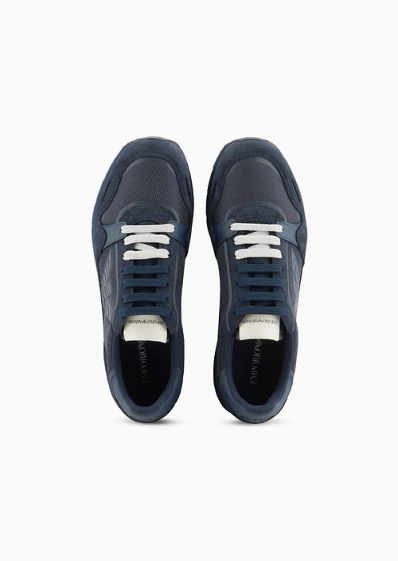 Blue Logo Emporio Armani Mesh Sneakers With Suede Details And Eagle Patch | EA-SN58928