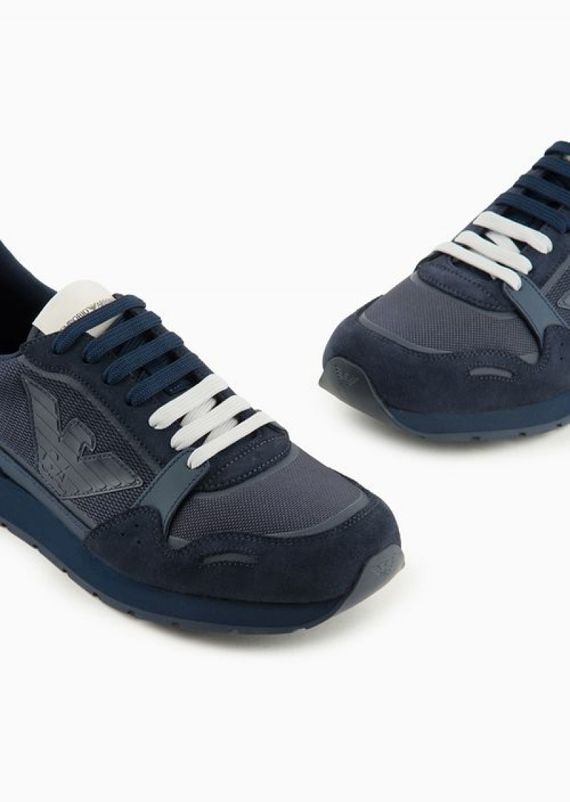 Blue Logo Emporio Armani Mesh Sneakers With Suede Details And Eagle Patch | EA-SN58928