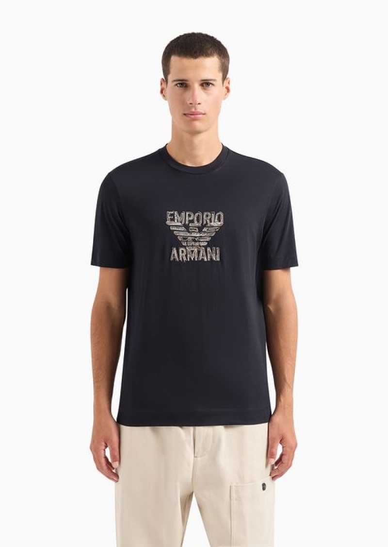 Blue Logo Emporio Armani Pima Jersey T-shirt With Logo Embroidery | EA-SN58620