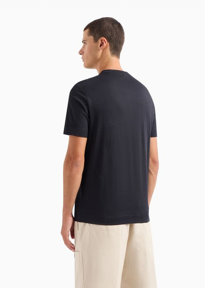 Blue Logo Emporio Armani Pima Jersey T-shirt With Logo Embroidery | EA-SN58620