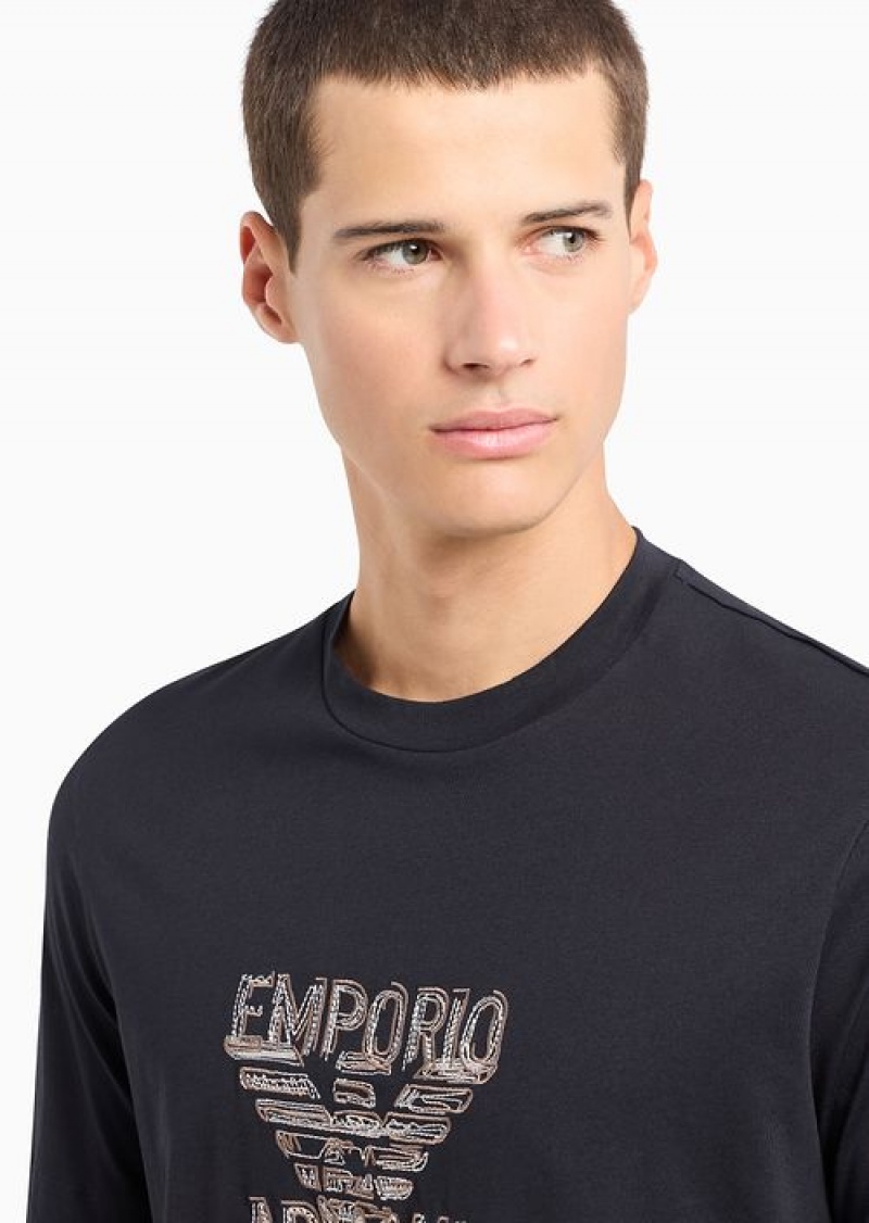 Blue Logo Emporio Armani Pima Jersey T-shirt With Logo Embroidery | EA-SN58620