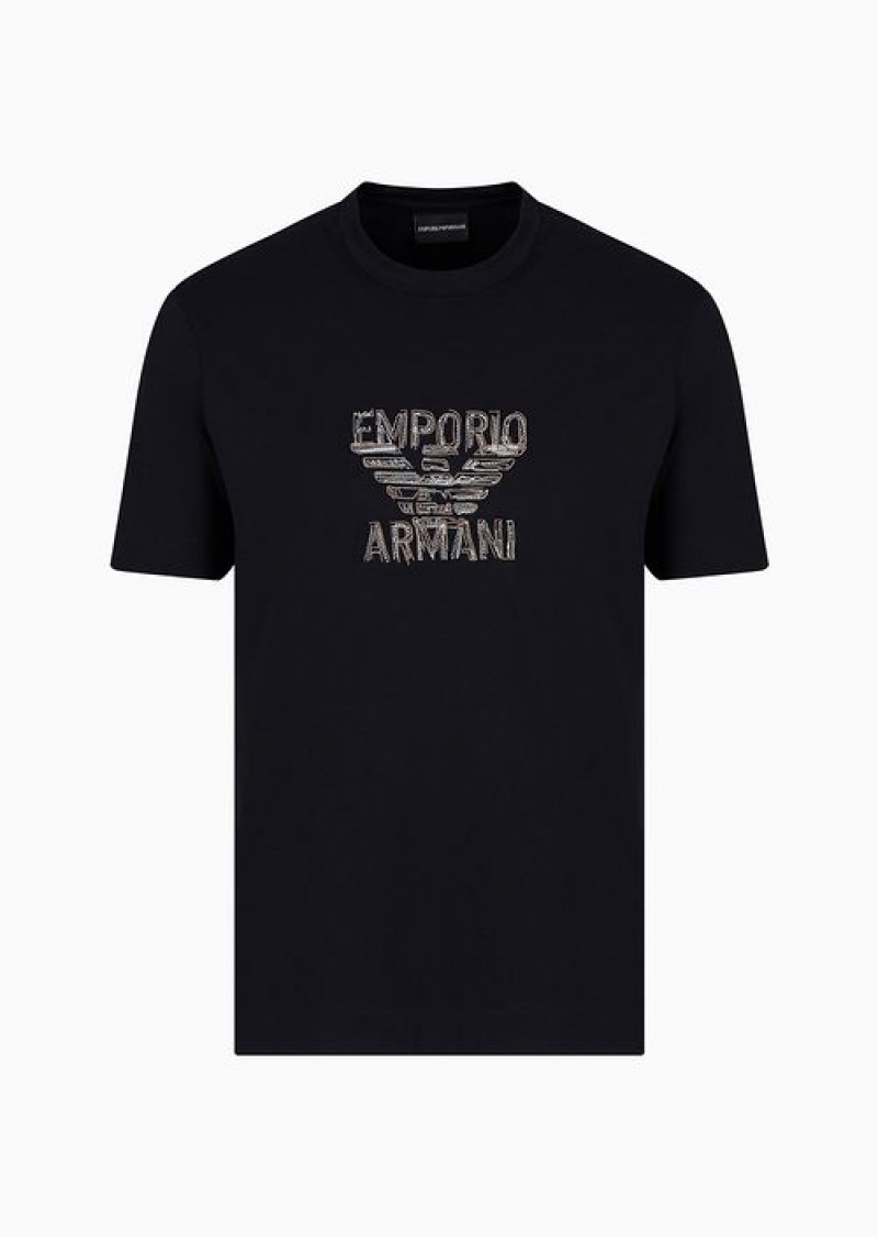 Blue Logo Emporio Armani Pima Jersey T-shirt With Logo Embroidery | EA-SN58620