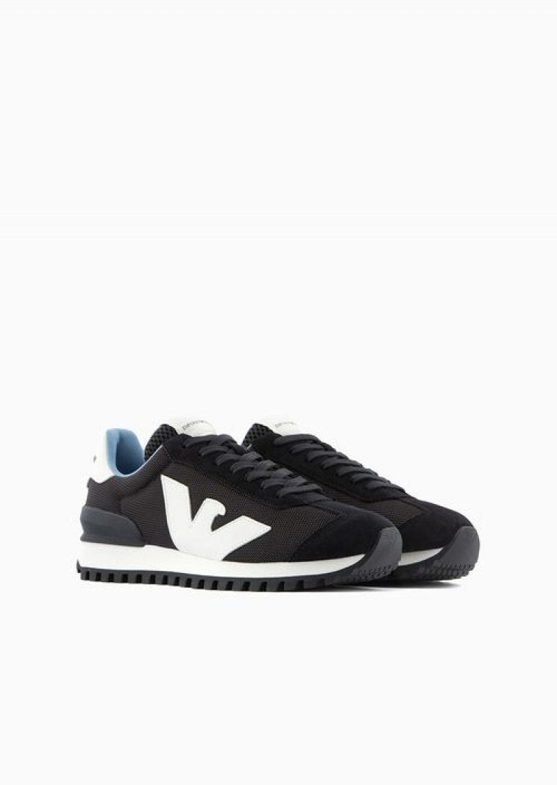 Blue Logo Emporio Armani Suede And Mesh Sneakers With Oversized Eagle | EA-SN58943