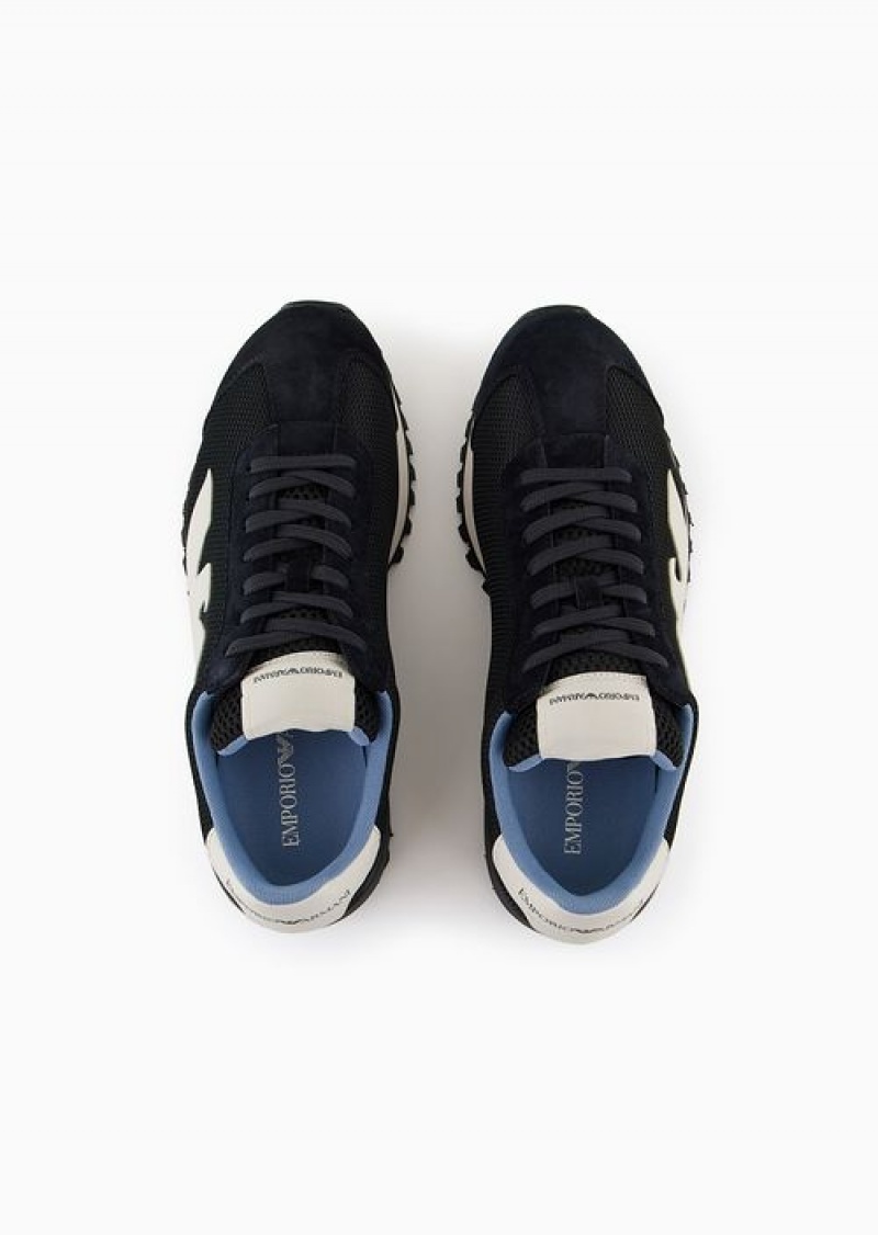 Blue Logo Emporio Armani Suede And Mesh Sneakers With Oversized Eagle | EA-SN58943