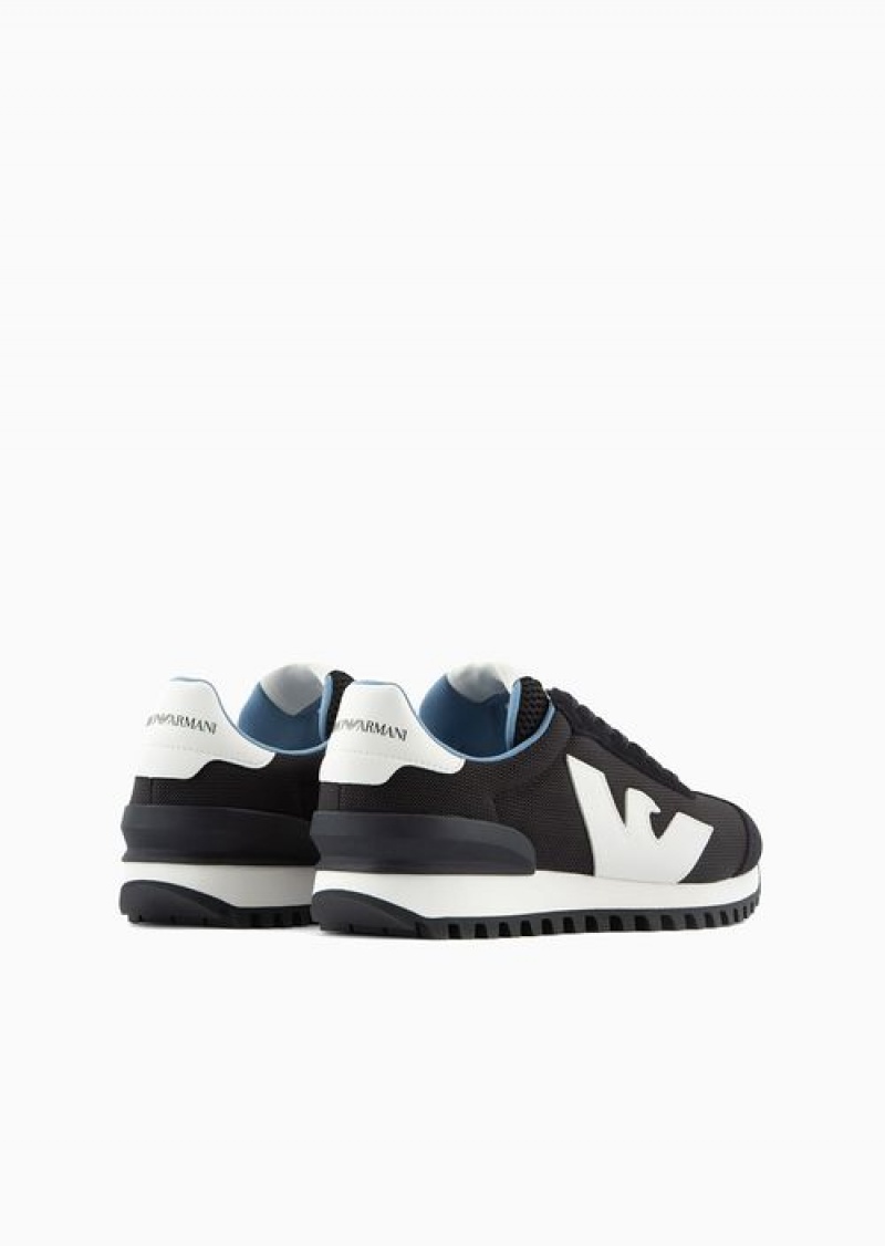 Blue Logo Emporio Armani Suede And Mesh Sneakers With Oversized Eagle | EA-SN58943