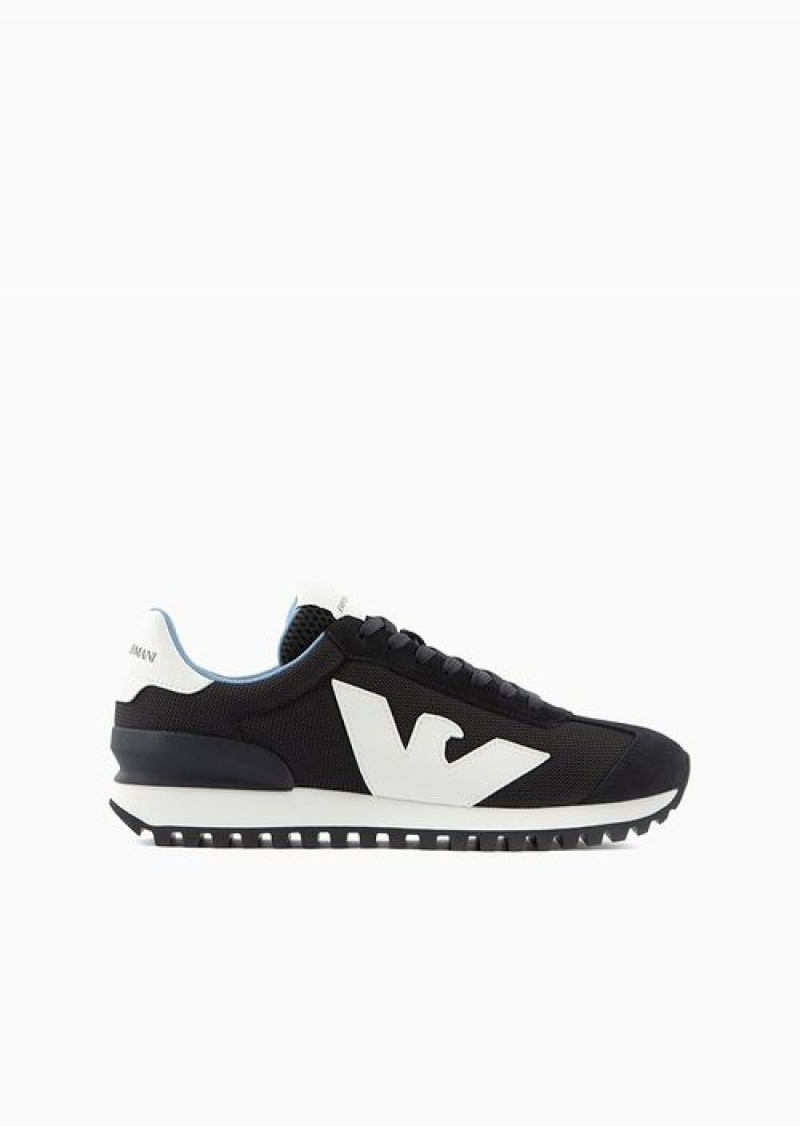 Blue Logo Emporio Armani Suede And Mesh Sneakers With Oversized Eagle | EA-SN58943