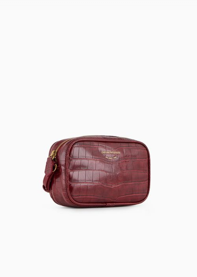 Bordeaux Emporio Armani Mock Croc Camera Case With Shoulder Strap | EA-SN57375