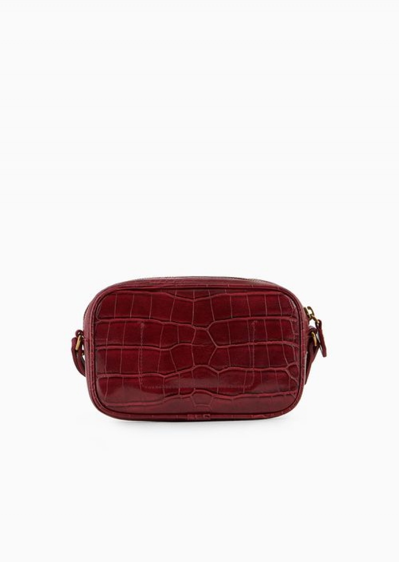 Bordeaux Emporio Armani Mock Croc Camera Case With Shoulder Strap | EA-SN57375