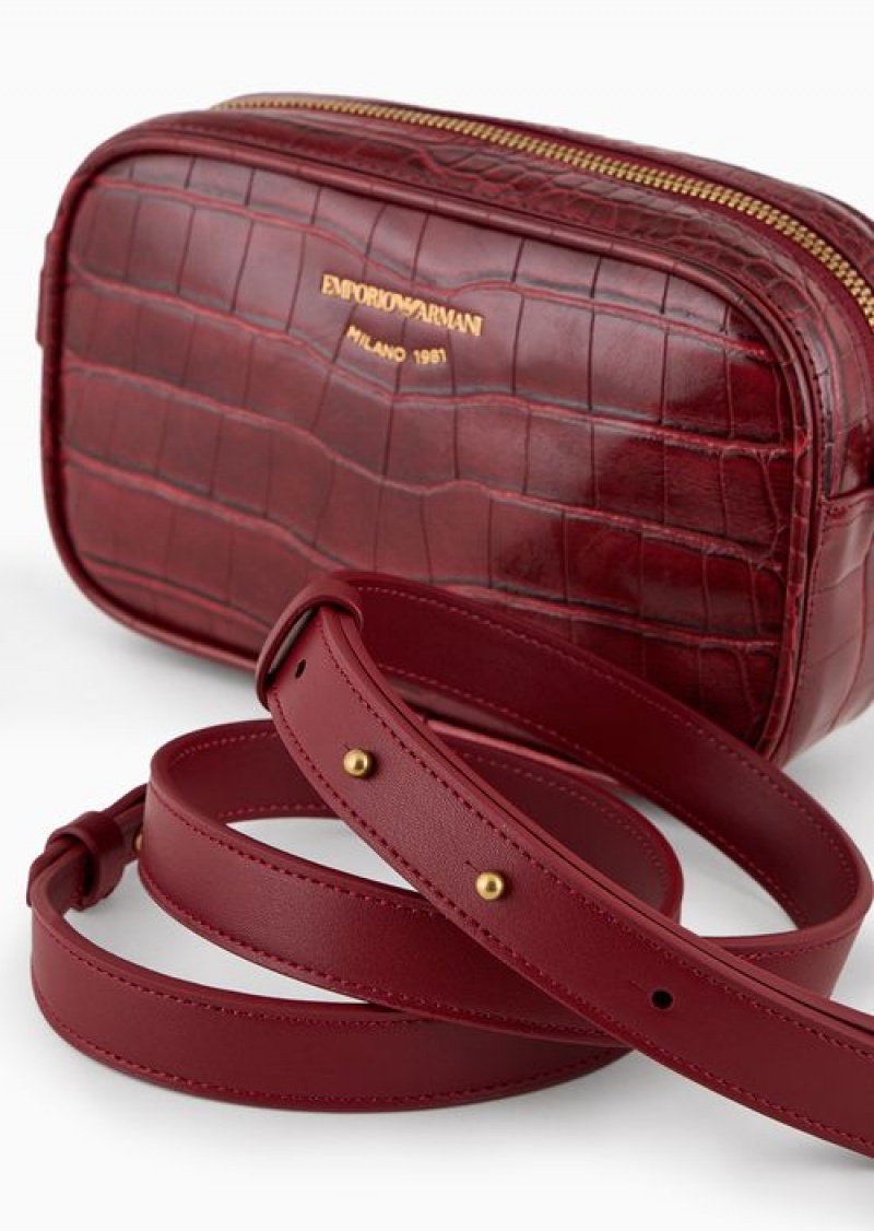 Bordeaux Emporio Armani Mock Croc Camera Case With Shoulder Strap | EA-SN57375