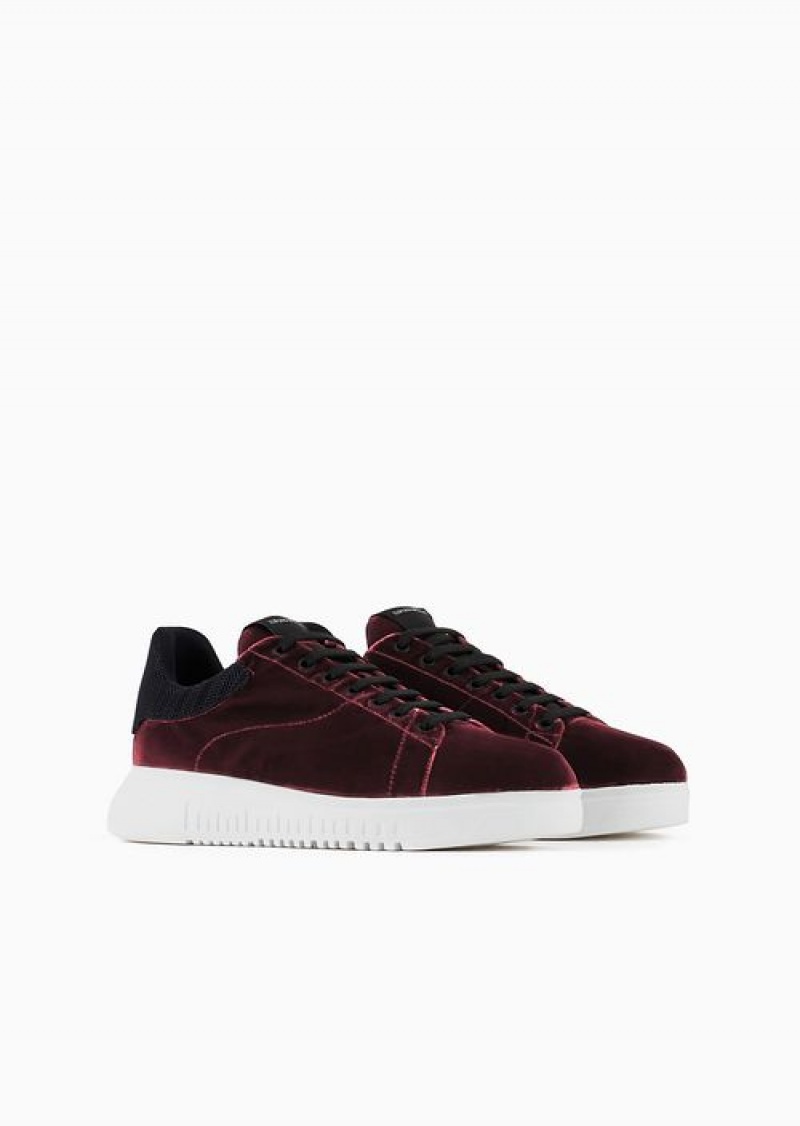 Bordeaux Emporio Armani Reloaded By Emporio Armani Sneakers In Velvet With Chevron Back Armani Sustainability Values | EA-SN58989