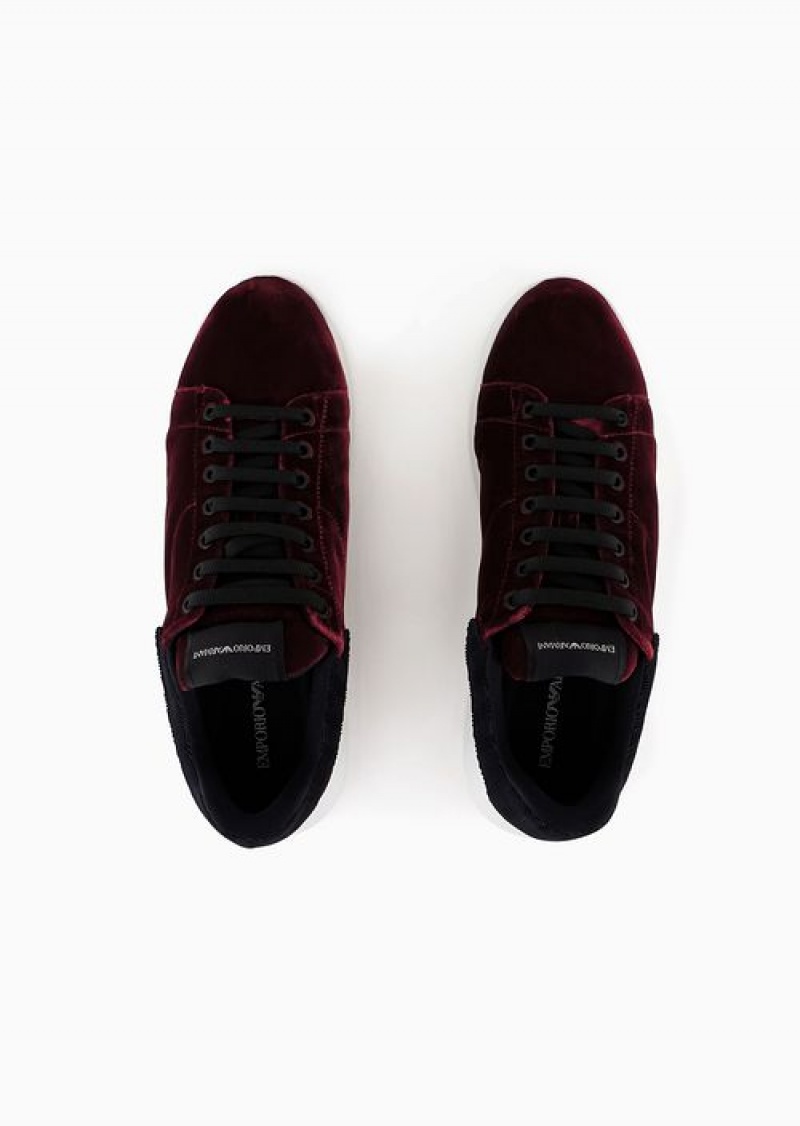 Bordeaux Emporio Armani Reloaded By Emporio Armani Sneakers In Velvet With Chevron Back Armani Sustainability Values | EA-SN58989